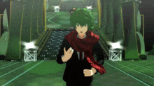 a man with green hair and a red scarf stands in front of a green building
