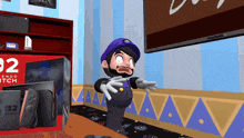 a cartoon character is standing in front of a box that says nintendo switch