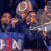 a cartoon of a man and a woman hugging with the words biden harris behind them