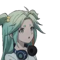 a girl with green hair is wearing headphones and has a surprised look on her face