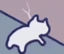 a drawing of a white cat laying on the ground with a stick coming out of its mouth .
