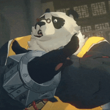a panda bear wearing glasses and a yellow shirt