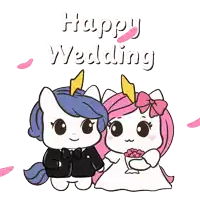 a couple of unicorns are standing next to each other with the words happy wedding written above them