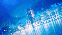 a blue background with a reflection of a city