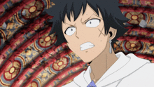a cartoon character with a white hoodie and a blue tie
