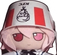 a stuffed animal wearing a kfc bucket hat with a monkey on it .