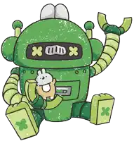 a cartoon drawing of a green robot holding a small bunny