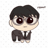 a cartoon drawing of a man in a suit and tie with the words yippee on the bottom