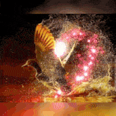 a picture of a bird splashing in the water with fireworks behind it