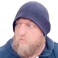 a man with a beard is wearing a blue hat