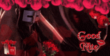 a greeting card that says good nite with red roses in the background