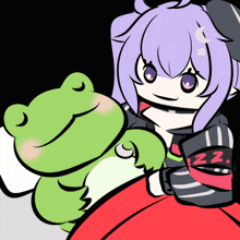 a girl with purple hair is holding a green frog