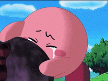 a pink cartoon character is crying with the number 5 on its face
