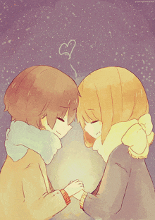a drawing of a boy and girl holding hands with a heart drawn above them