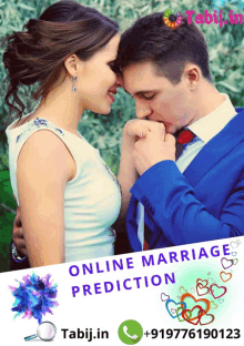 a man kissing a woman 's hand with the words online marriage prediction on the bottom