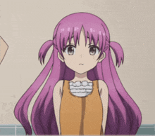 a girl with purple hair and pigtails is wearing a tank top
