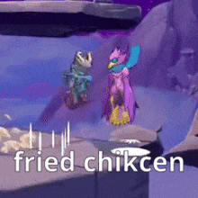 a video game character is standing next to another character and says fried chikcen .