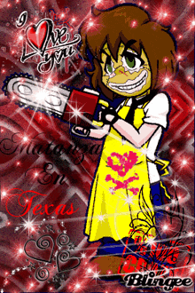 a cartoon of a girl holding a chainsaw with the words " i love you " on it