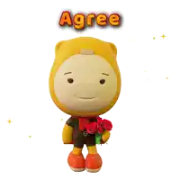 a cartoon character holding a bouquet of red roses and the word agree above him