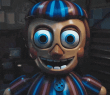 a close up of a cartoon character with big eyes and a button on his chest