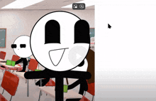 a cartoon character is sitting at a desk in a classroom with a play button