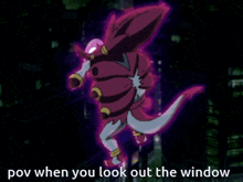 a picture of a purple monster with the caption pov when you look out the window
