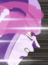 a close up of a cartoon character 's face with a pink and purple background