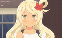 a drawing of a girl with long blonde hair and a red bow in her hair with the word dihostudios on the bottom
