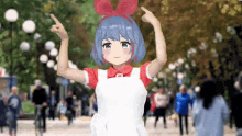 a girl with blue hair and a red bow on her head is standing in front of a crowd