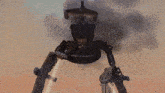 a robot is flying through the air with smoke coming out of it
