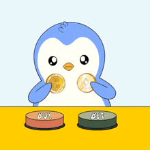 a penguin is holding two coins in its beak while sitting at a table with two buttons that say buy and bet