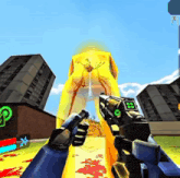 a person holding a gun in a video game with a yellow monster behind them