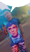 a man wearing a shirt that has a picture of a man on it