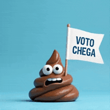 a cartoon poop is holding a flag that says " voto chega "