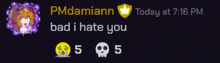 a screenshot of a chat with pmdamiann and today at 7:16 pm