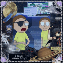 a picture of rick and morty with the words i love emo boys on the bottom