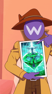 a cartoon character with a w on his head holds a picture of a diamond