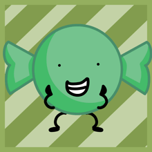 a green candy with a smiling face and arms and legs