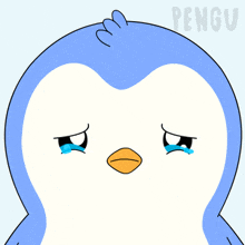 a penguin is crying with tears coming out of it 's eyes