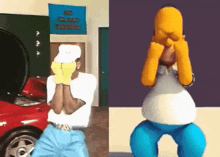 a man and a homer simpson are dancing in front of a car