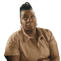 a woman with a mohawk on her head looks up at something