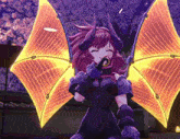a purple and yellow anime character with wings