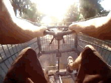 a person is holding a steering wheel while sitting in a shopping cart