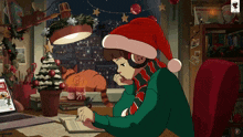 a cartoon of a girl wearing a santa hat reading a book