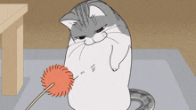 a cartoon cat is playing with a red ball on the floor