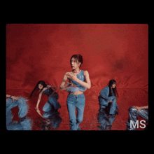a woman wearing a blue top with feathers and the word ms below her
