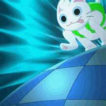 a white cat with a green backpack on its back is walking on a blue tiled floor