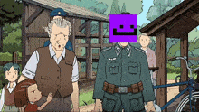 a man in a military uniform has a purple smiley face on his head