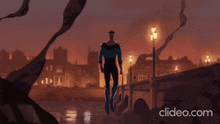 a cartoon of a superhero walking across a bridge with clideo.com written on the bottom