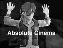 a black and white image of a person with the words absolute cinema written below them